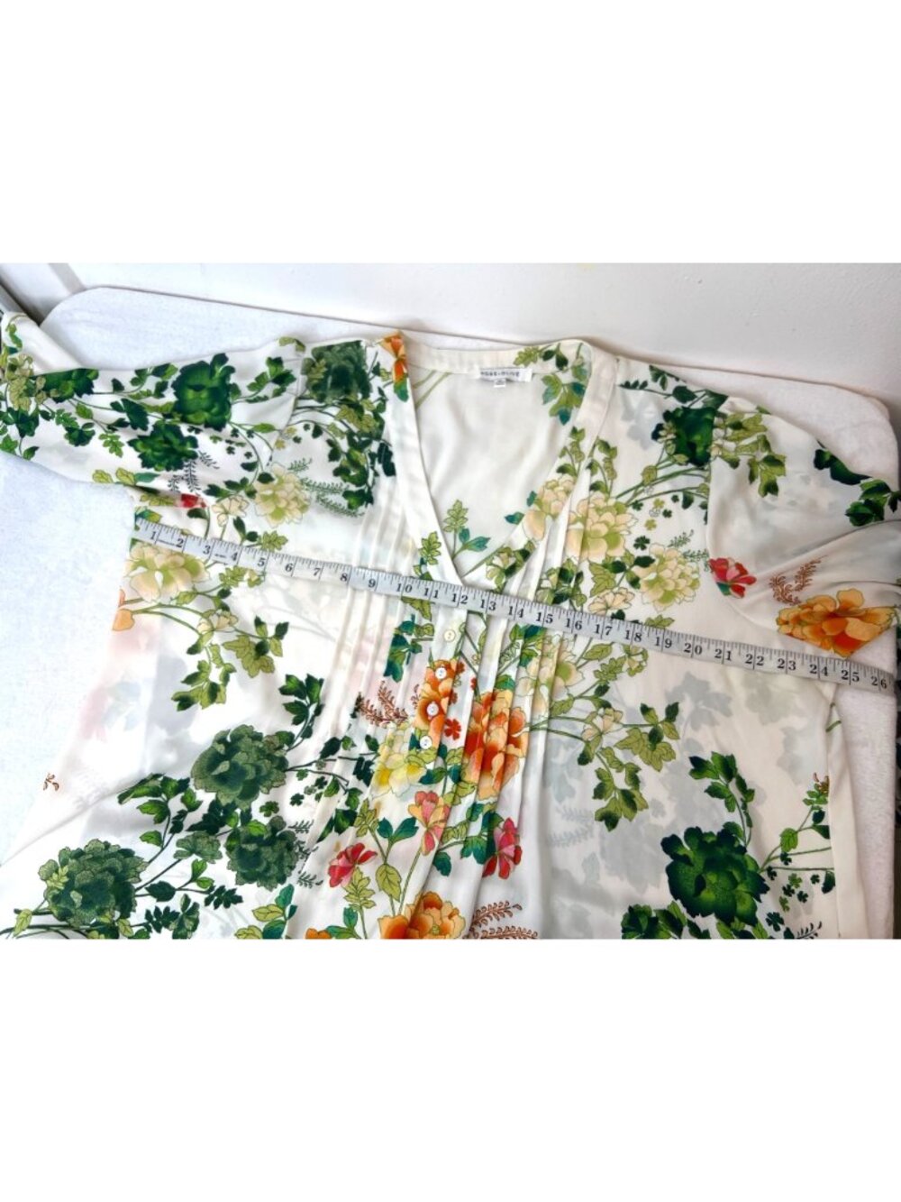 Rose + Olive 2X Floral Botanical Leaves Blouse Popover Pleating Flowy Romantic - Picture 9 of 10